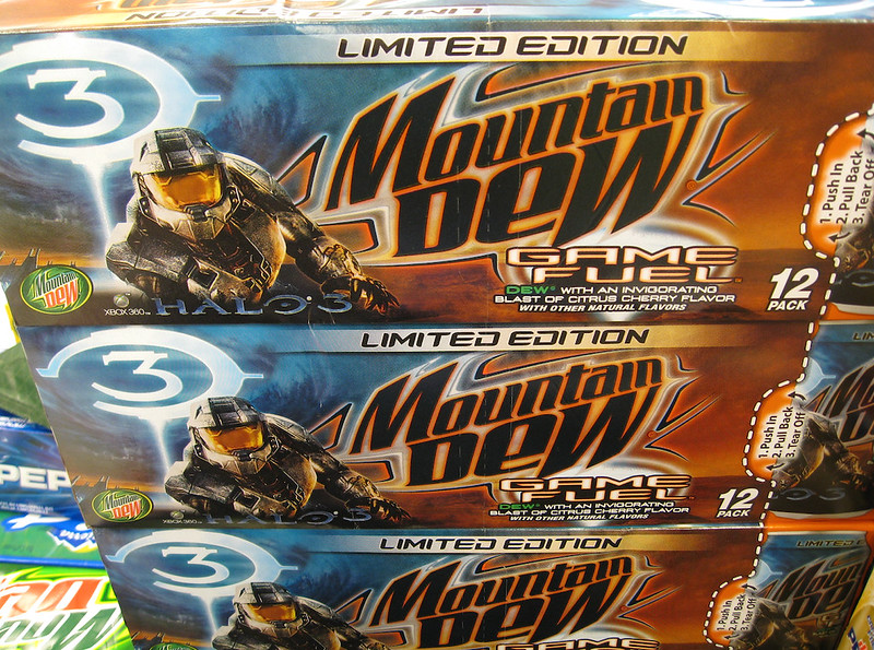 3 stacked 12-can packs of Limited Edition Mountain Dew Game Fuel featuring Master Chief from Halo 3.